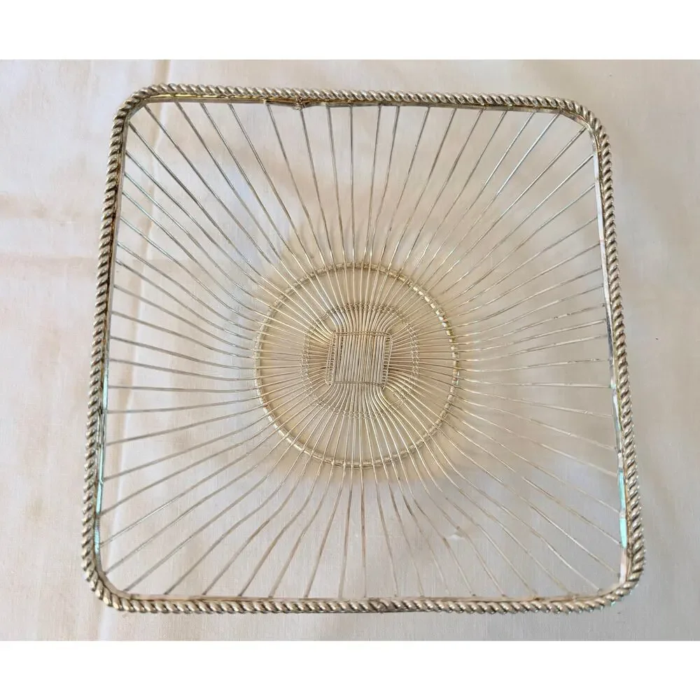 Vintage Silver Plated Wire Bread Basket Square Rope Rim Italian Style Server